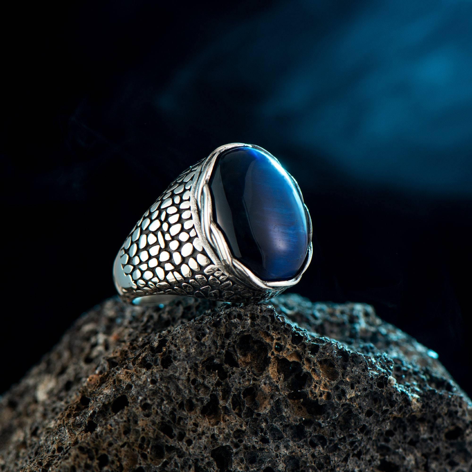 Man Vintage Ring, Blue Tiger Eye Silver Ring, Oval Gemstone Men Ring - OXO SILVER
