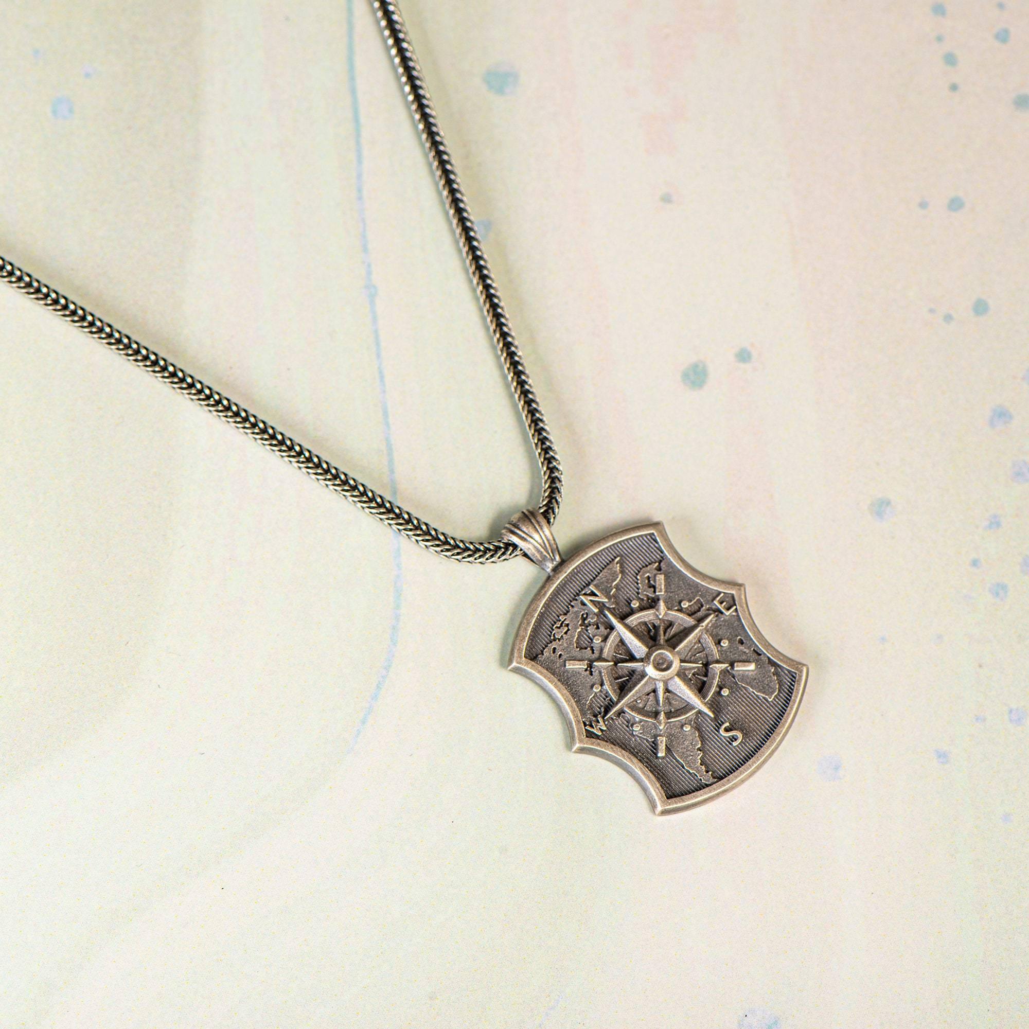 Silver Compass Necklace, Oxidized Compass Necklace, Unisex Jewelry - OXO SILVER