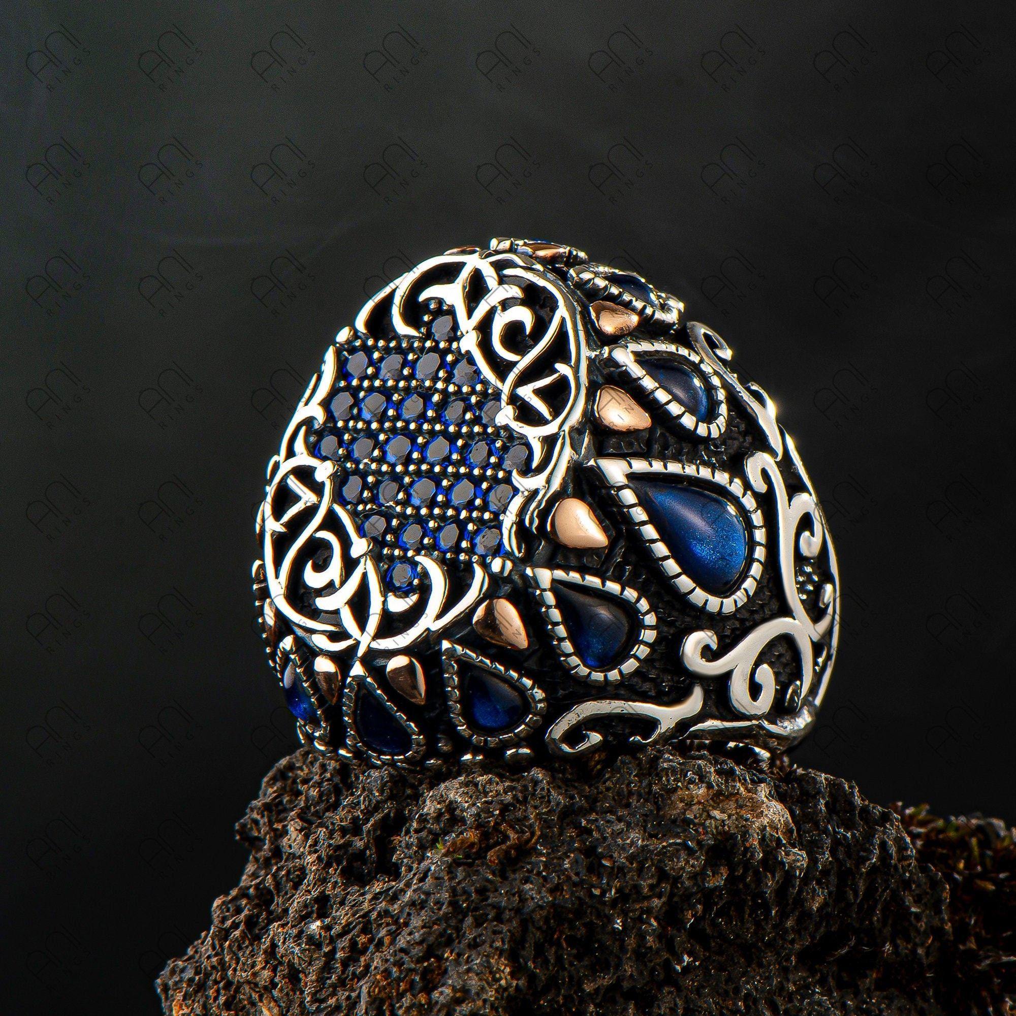 Blue Zircon Gemstone Men Silver Ring, Water Drop Engraved Ring - OXO SILVER