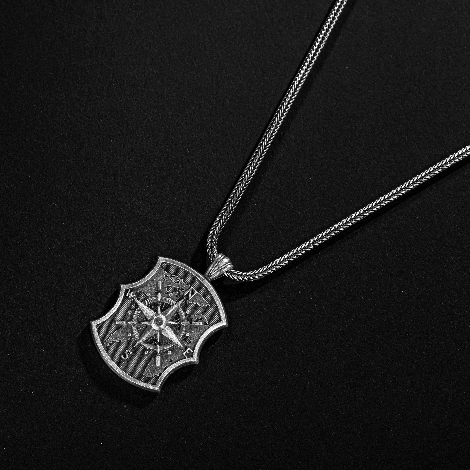 Silver Compass Necklace, Oxidized Compass Necklace, Unisex Jewelry - OXO SILVER
