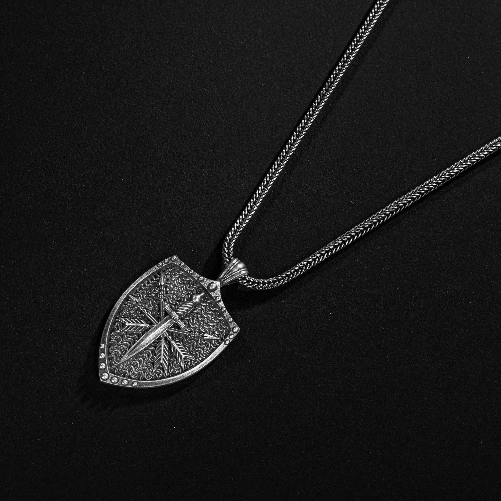 Silver Viking Sword Necklace, Oxidized Silver Shield Pendant, Viking Arrow Necklace - OXO SILVER