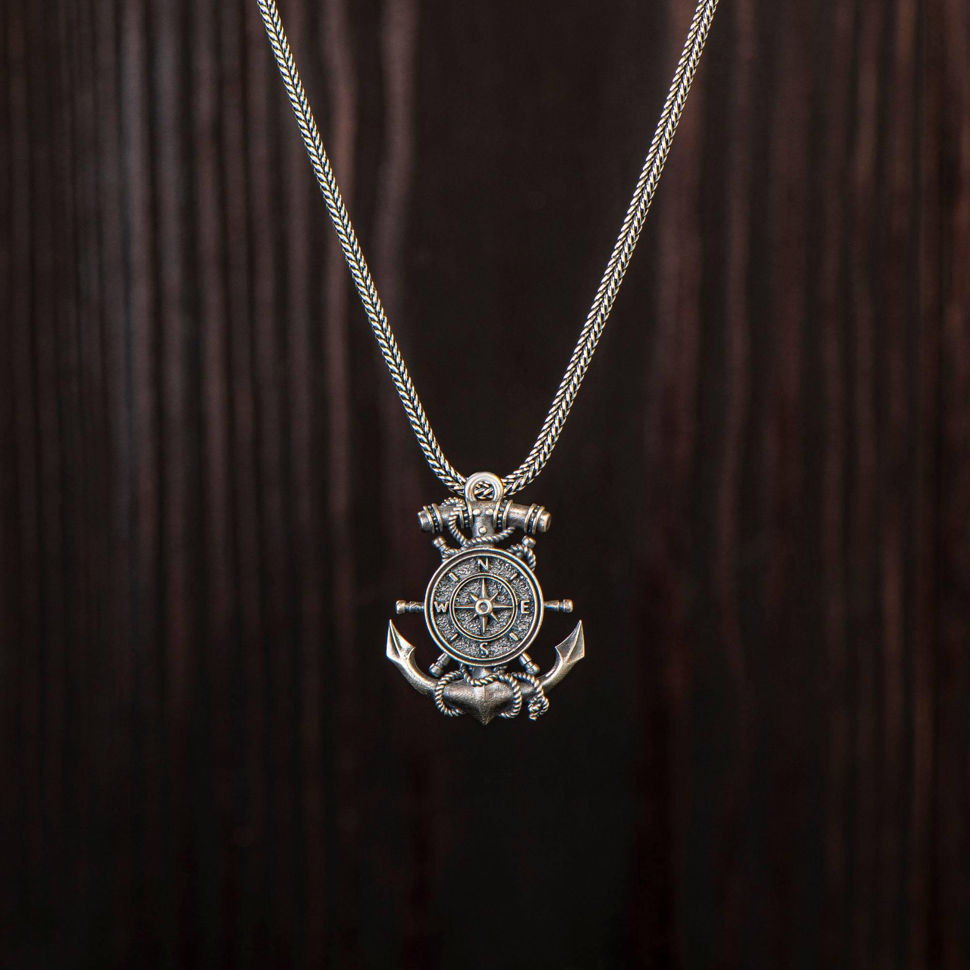 Silver Anchor Pendant with Compass, Oxidized Silver Nautical Anchor Necklace - OXO SILVER