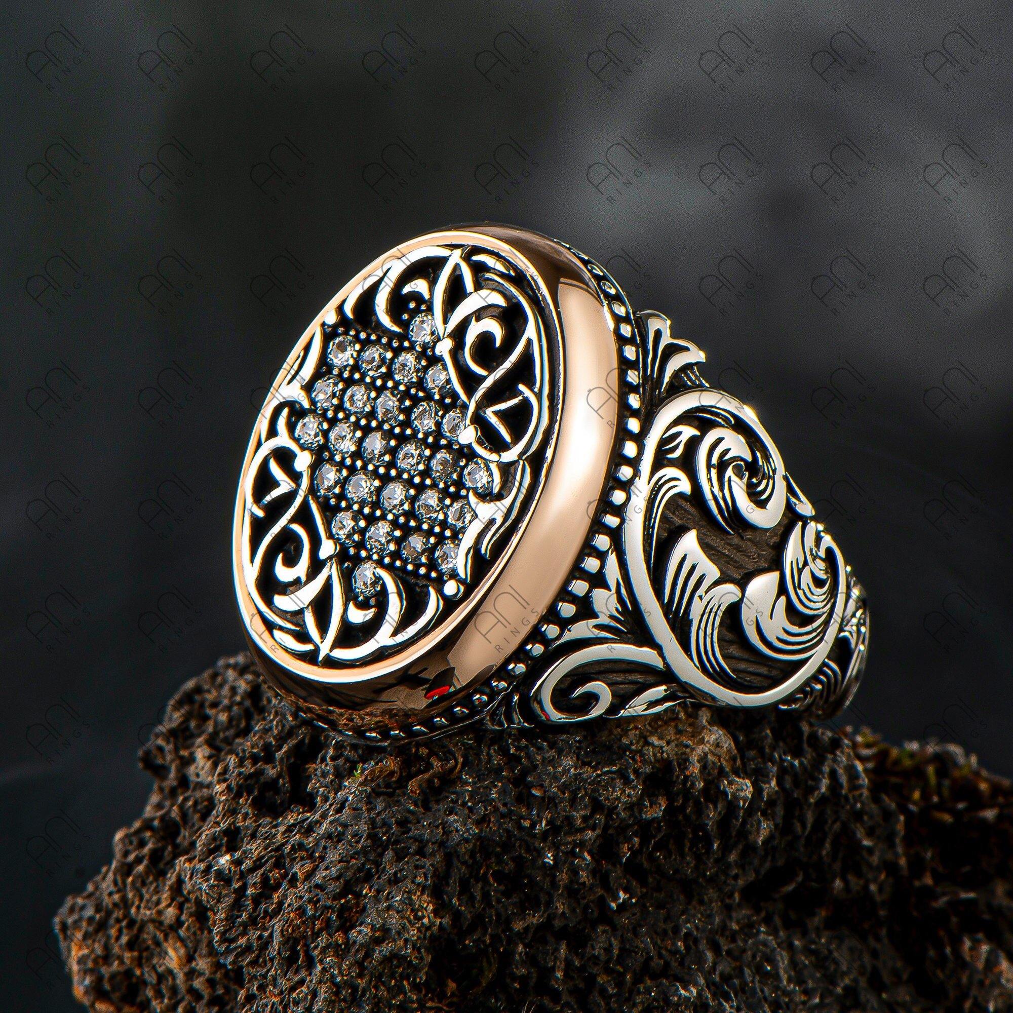 Black Zircon Men Silver Ring, Handmade Engraved Sterling Silver Ring - OXO SILVER