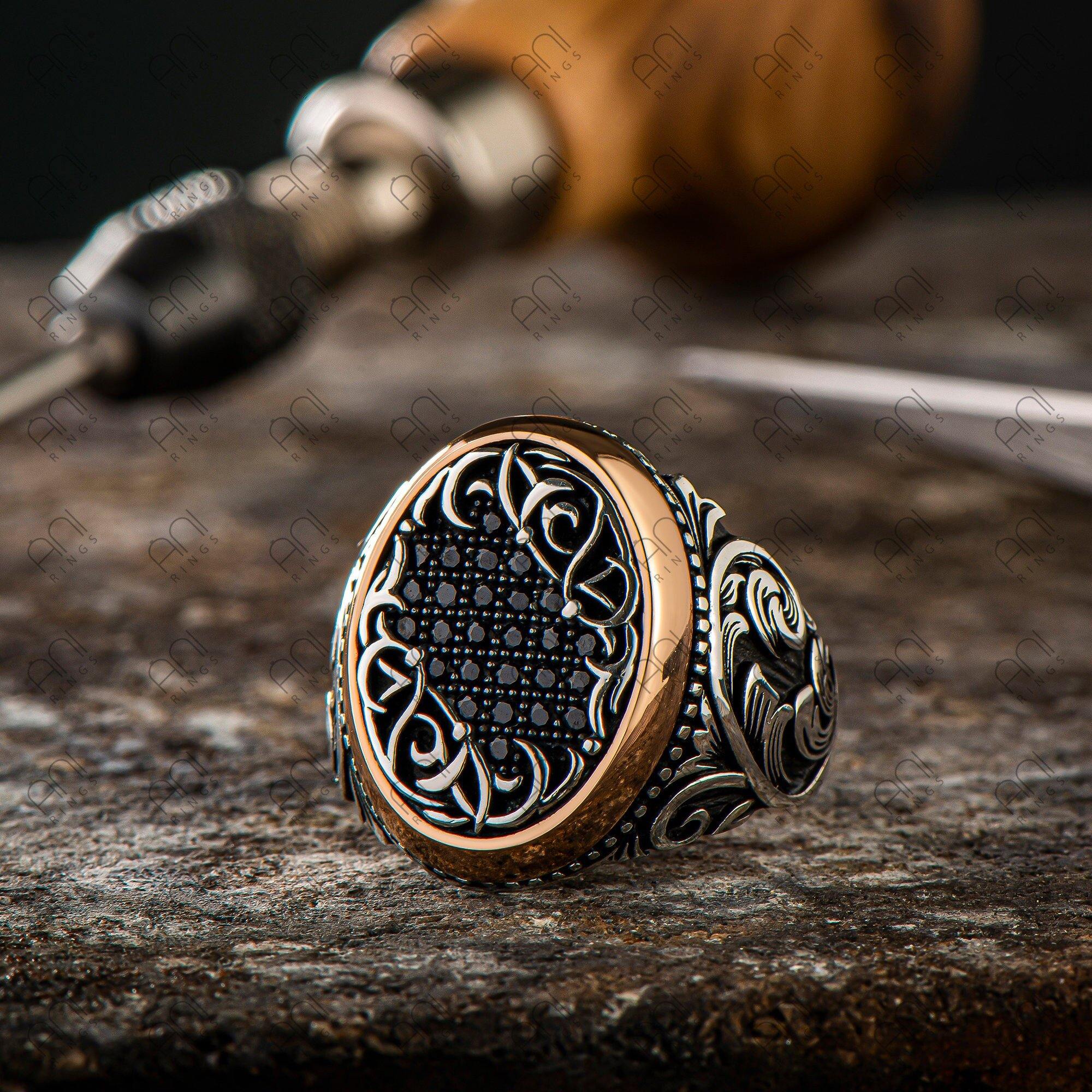 Black Zircon Men Silver Ring, Handmade Engraved Sterling Silver Ring - OXO SILVER