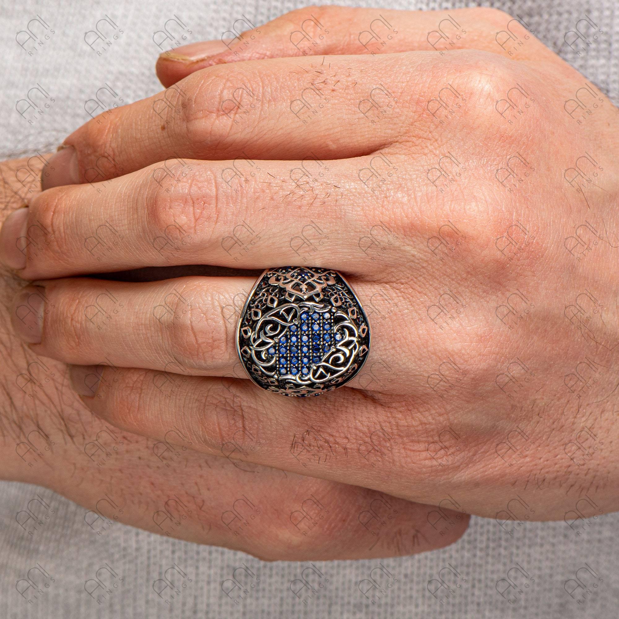 Black Zircon Gemstone Men Silver Ring, Men Vintage Ring, Men Engraved Ring - OXO SILVER