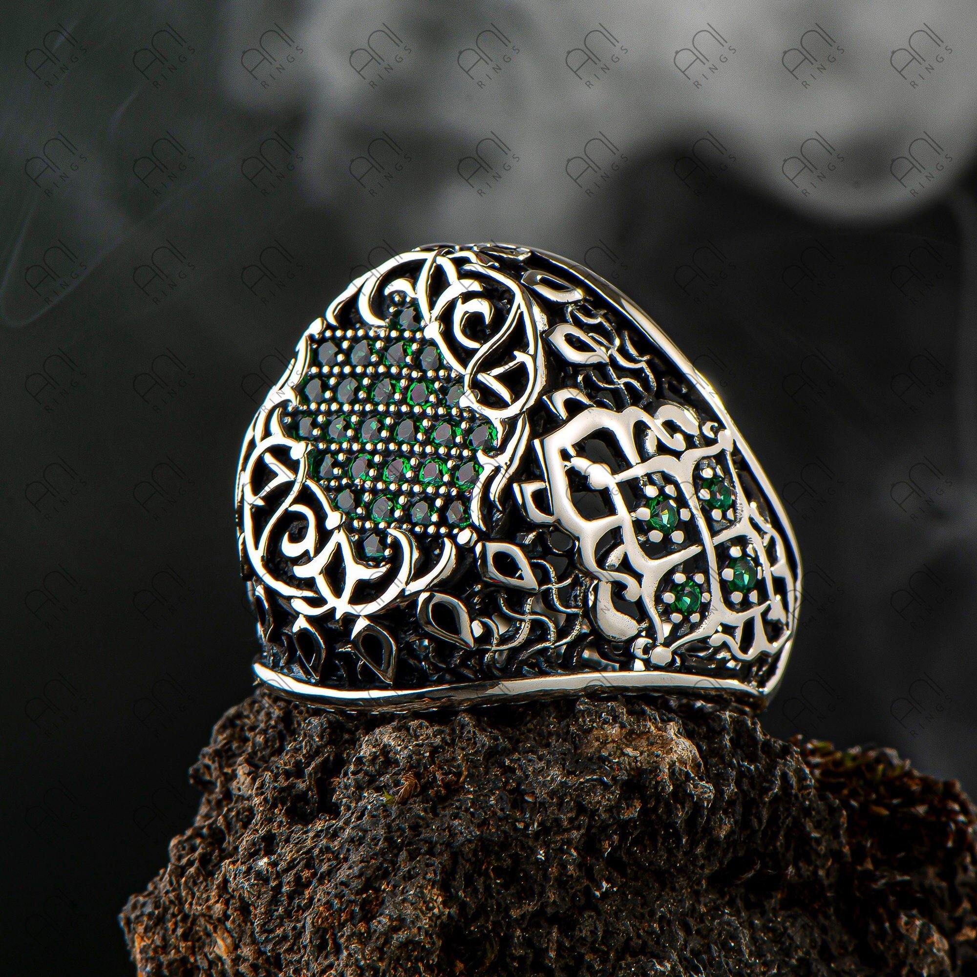 Black Zircon Gemstone Men Silver Ring, Men Vintage Ring, Men Engraved Ring - OXO SILVER