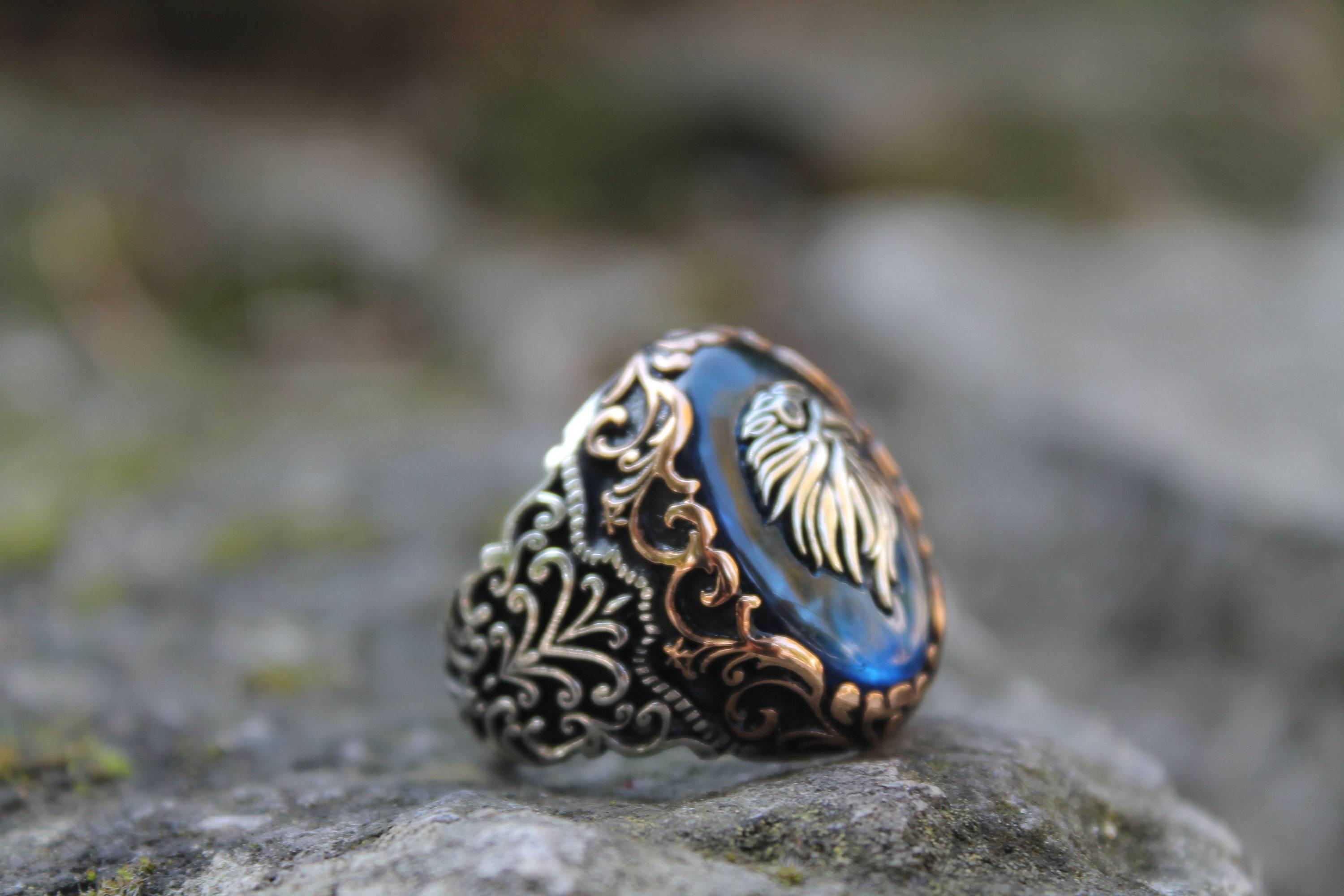 Men Eagle Ring, Engraved Silver Vintage Ring, Blue Round Gemstone Men Ring - OXO SILVER