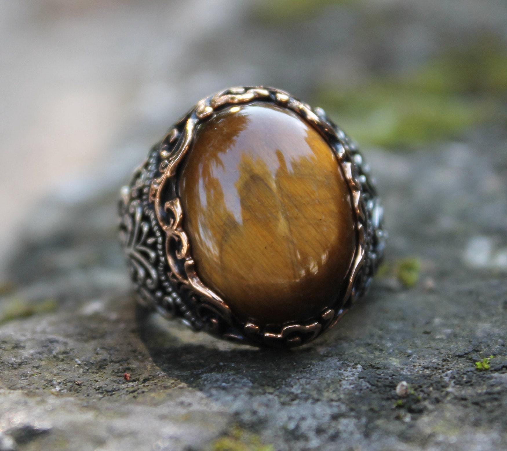 Vintage Silver Men Ring, Tiger Eye Gemstone Ring, Engraved Sterling Silver Man Ring, Handmade Oval Ring, Valentine's Day Gift for Him - OXO SILVER