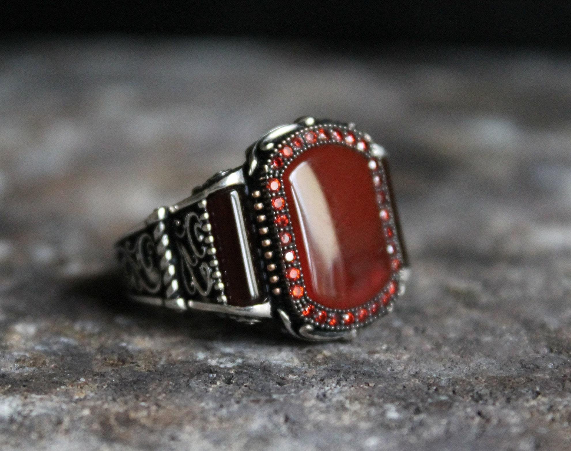 Red Zircon Stone Silver Ring, Engraved Silver Ring - OXO SILVER