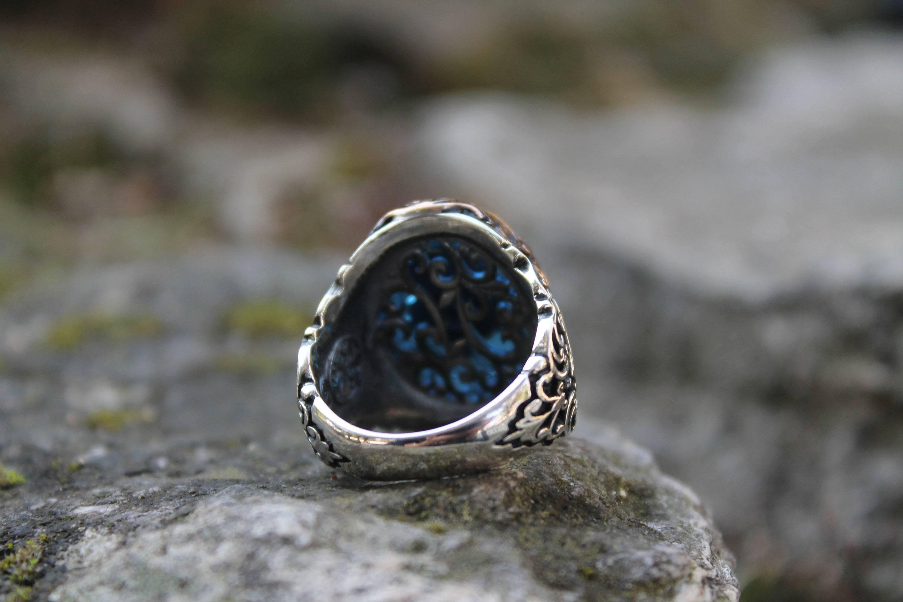 Men Eagle Ring, Engraved Silver Vintage Ring, Blue Round Gemstone Men Ring - OXO SILVER