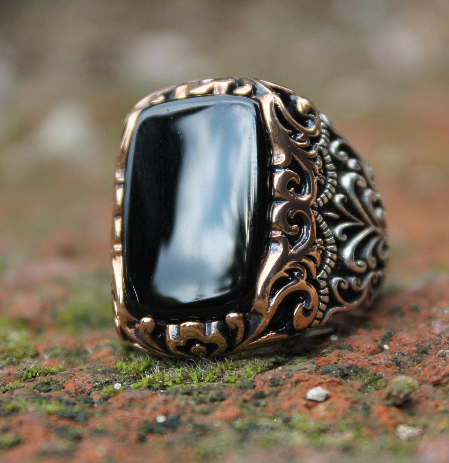 Black Onyx Gemstone Silver Men Ring, Turkish Handmade Engraved Silver Ring - OXO SILVER