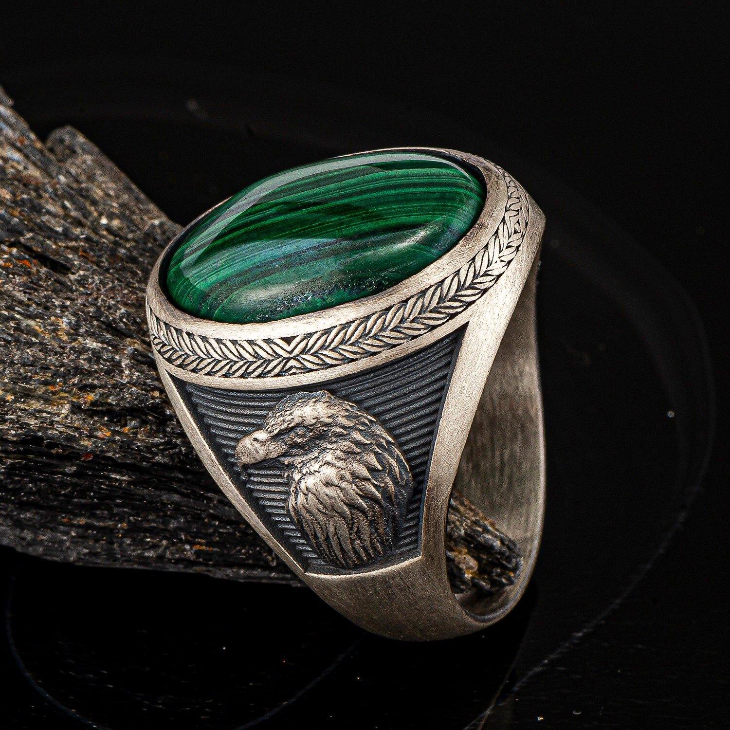 Eagle Men Ring, Oval Malachite Ring, Green Gemstone Ring, Oxidized Men Ring - OXO SILVER