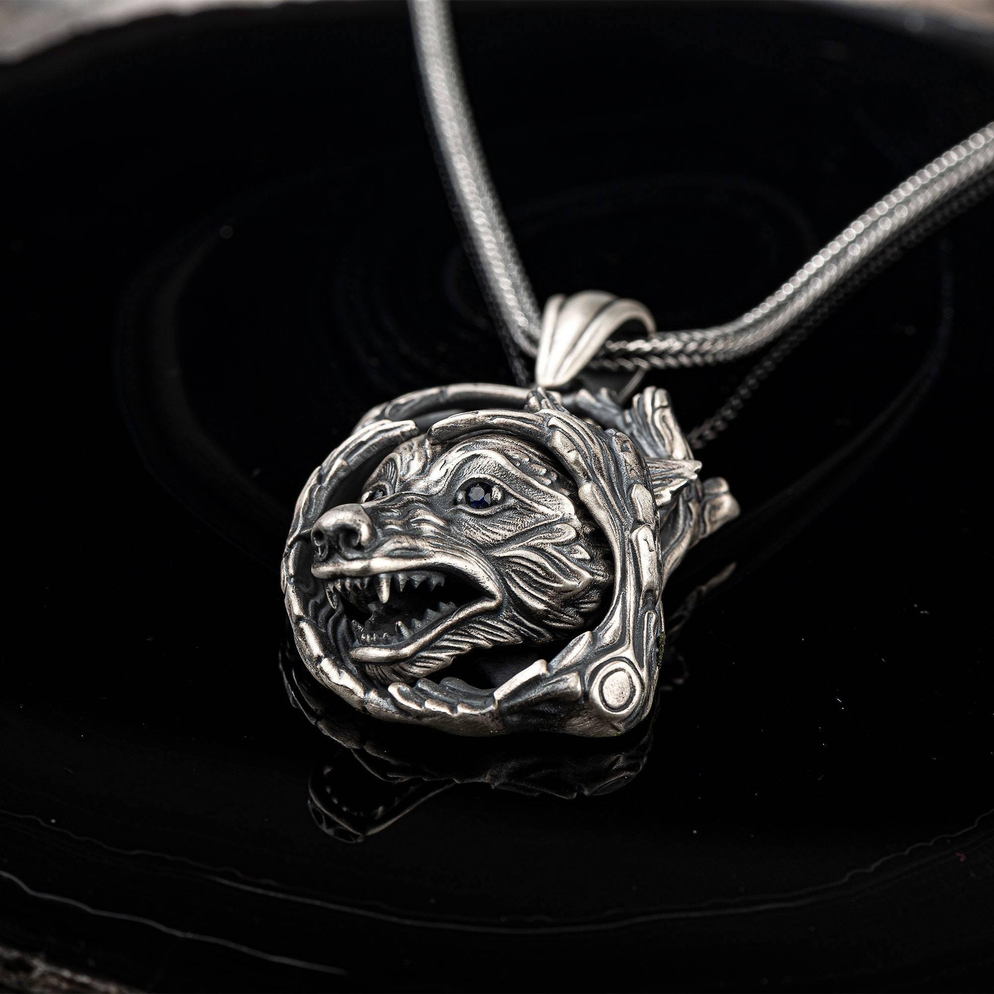 Wild Wolf Men Necklace, Silver Wolf Head Pendant, Wolf Head with Zircon Eyes Necklace, Animal Jewelry, Oxidized Wolf Necklace, Gift for Him - OXO SILVER