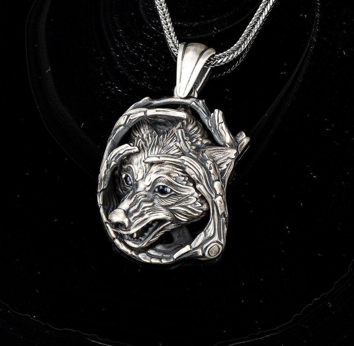 Wild Wolf Men Necklace, Silver Wolf Head Pendant, Wolf Head with Zircon Eyes Necklace, Animal Jewelry, Oxidized Wolf Necklace, Gift for Him - OXO SILVER