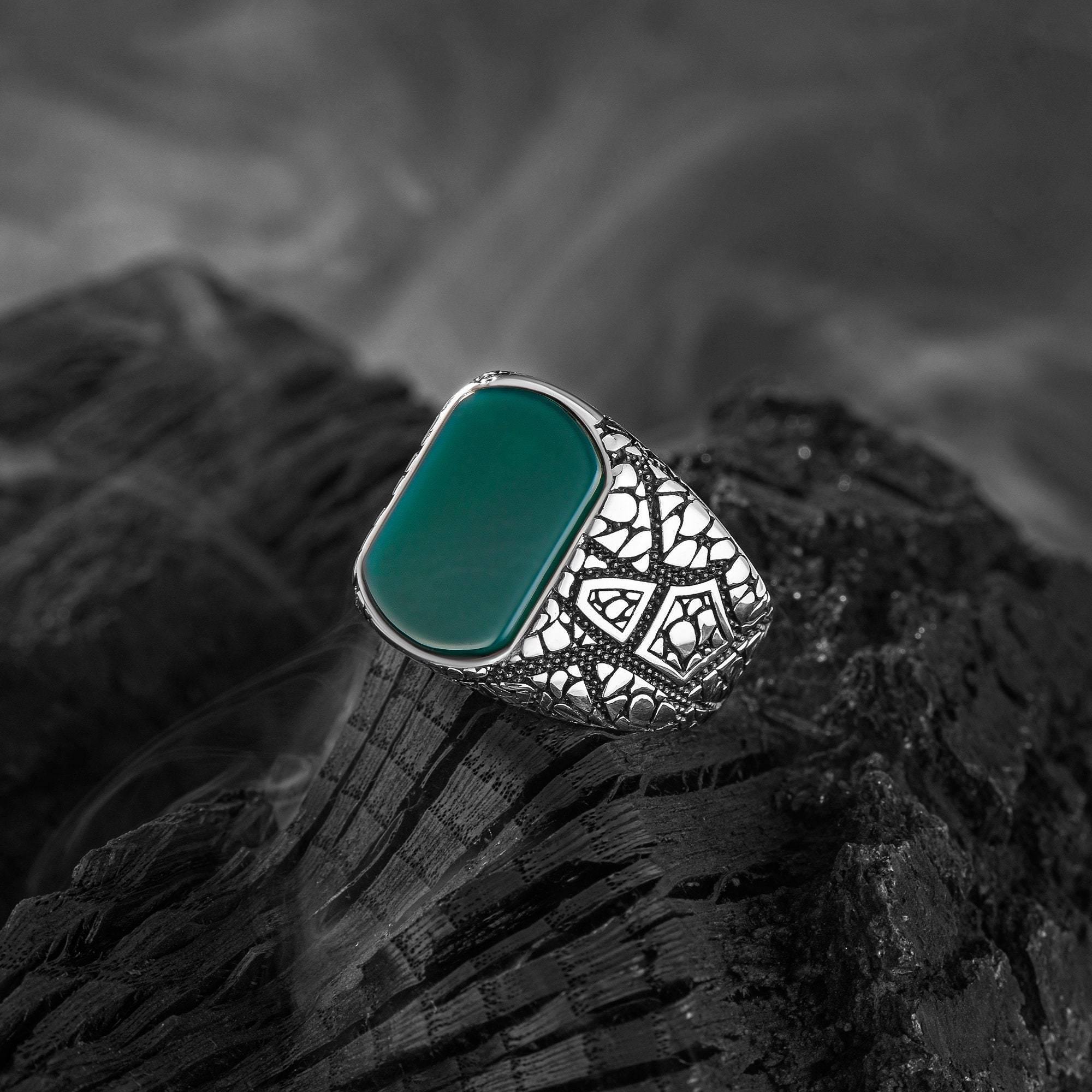 Personalizable Green Agate Men Ring, Engraved Handmade Silver Ring - OXO SILVER